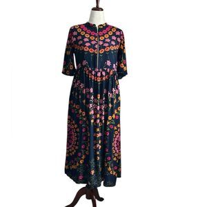 Label Ritu Kumar Navy Floral A-Line Maxi Dress Size M | Side Zip | 100% Viscose